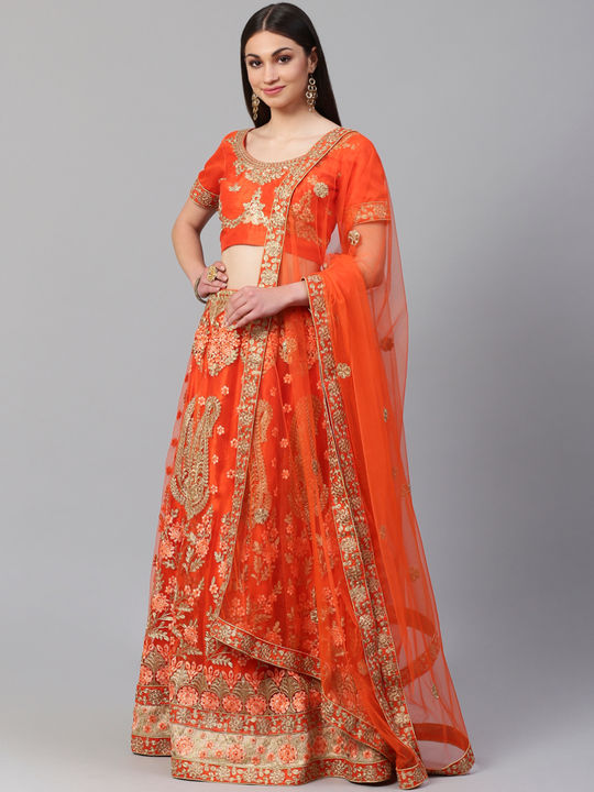 Buy Women Pale Orange Hand Embroidered Lehenga Set With Blouse And Dupatta  - Feed Luxe Lehenga - Indya