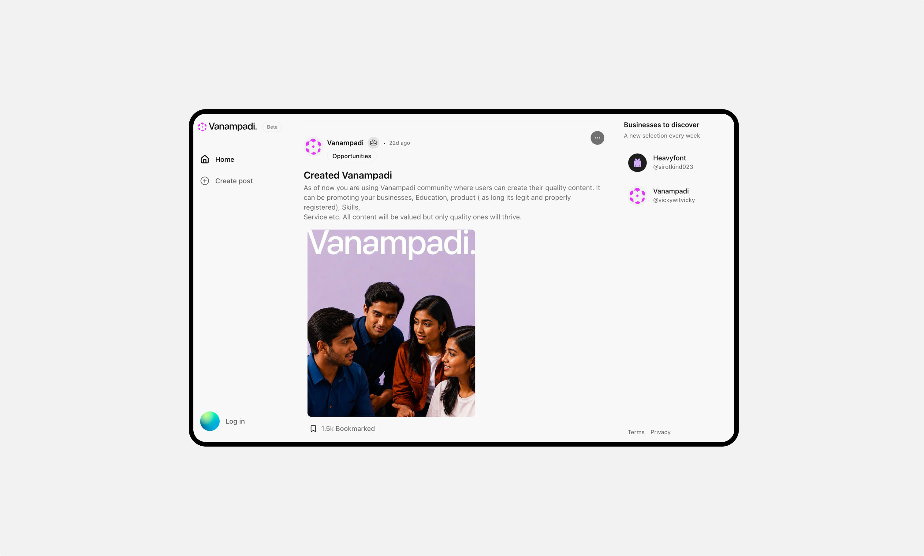 Vanampadi Community interface preview