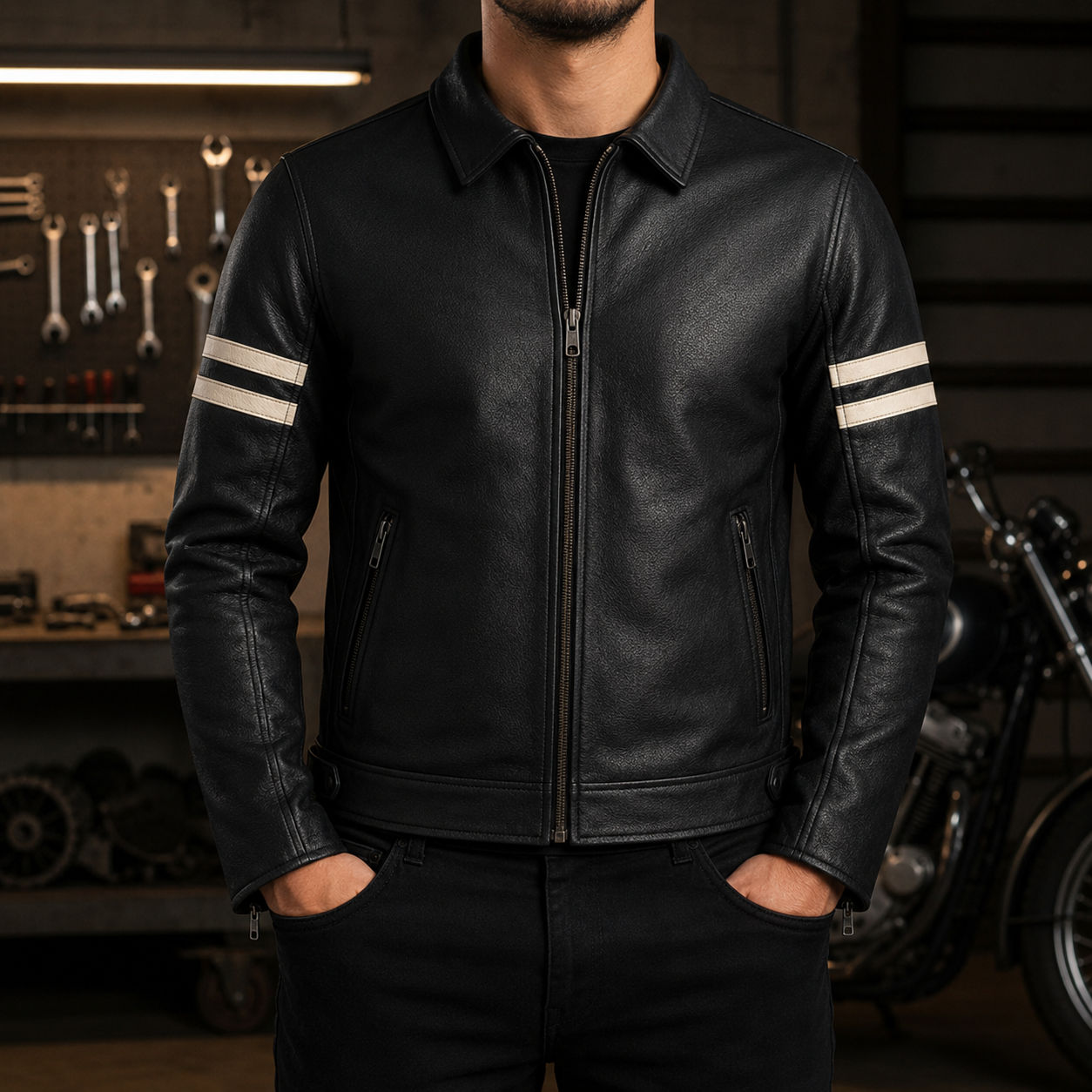 Men's Black Leather Motorcycle Jacket Cafe Racer Biker Retro Racing Stripes New