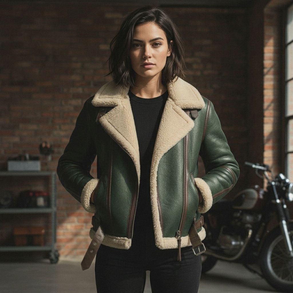 Women’s Handmade Sheepskin Green Bomber Jacket Genuine Real Leather Jacket
