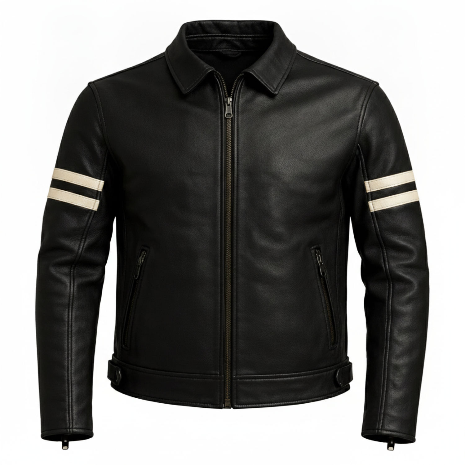 Men's Black Leather Motorcycle Jacket Cafe Racer Biker Retro Racing Stripes New