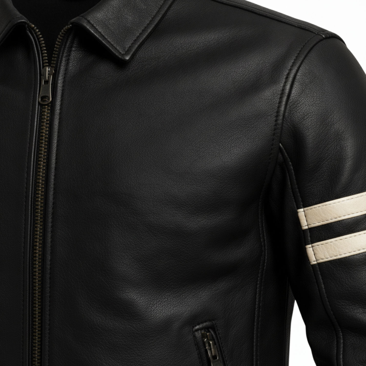 Men's Black Leather Motorcycle Jacket Cafe Racer Biker Retro Racing Stripes New