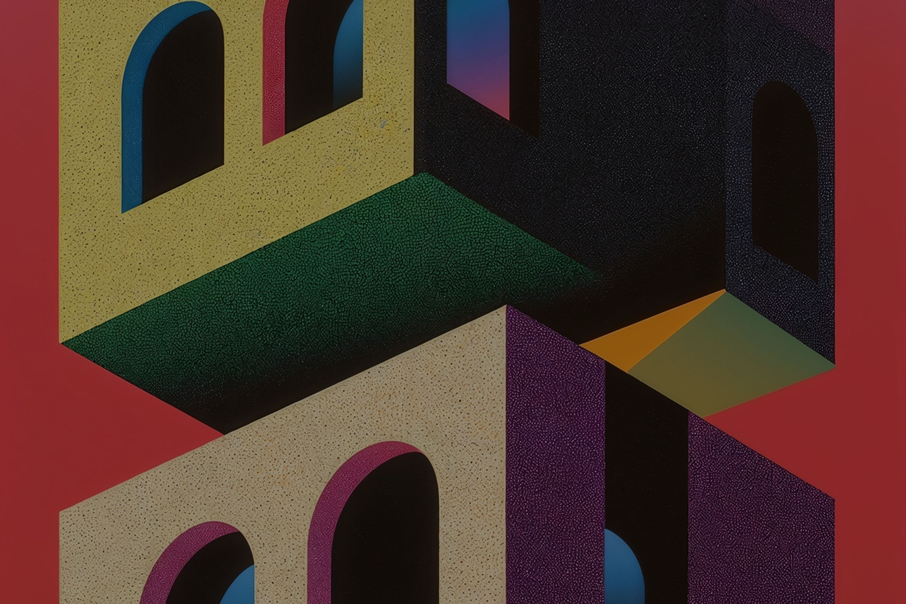 Abstract architectural illustration with geometric stairs and arches in warm tones