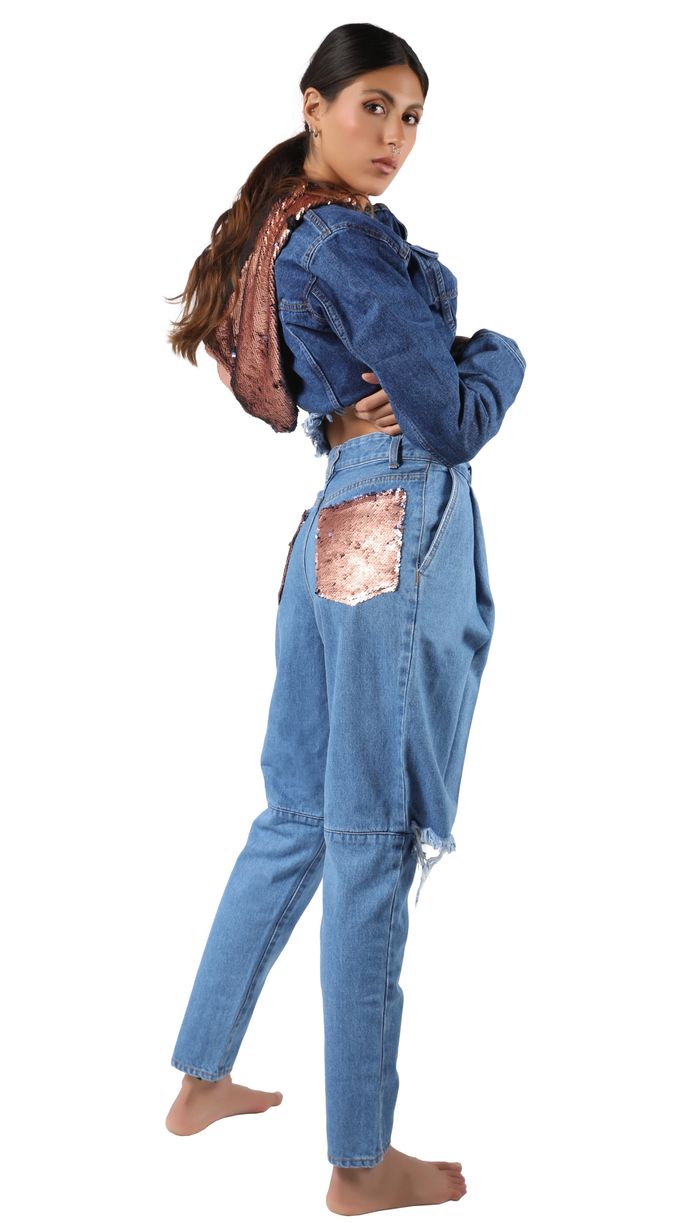 pink hoodie with denim jacket