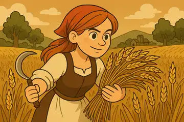 Chłopi - ilustracja lektury. Kobieta w polu podczas żniw trzymająca sierp i snop zboża.