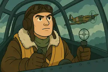 Dywizjon 303 - ilustracja lektury. Pilot w kokpicie myśliwca z czasów II Wojny Światowej.