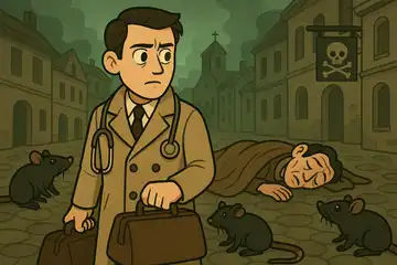 Ilustracja do Dżumy Alberta Camusa: Doktor w mieście ogarniętym pandemią dżumy przychodzi do chorego człowieka. Obok widać szczury