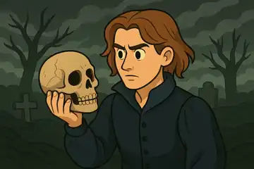 Hamlet na cmentarzu trzymający czaszkę.