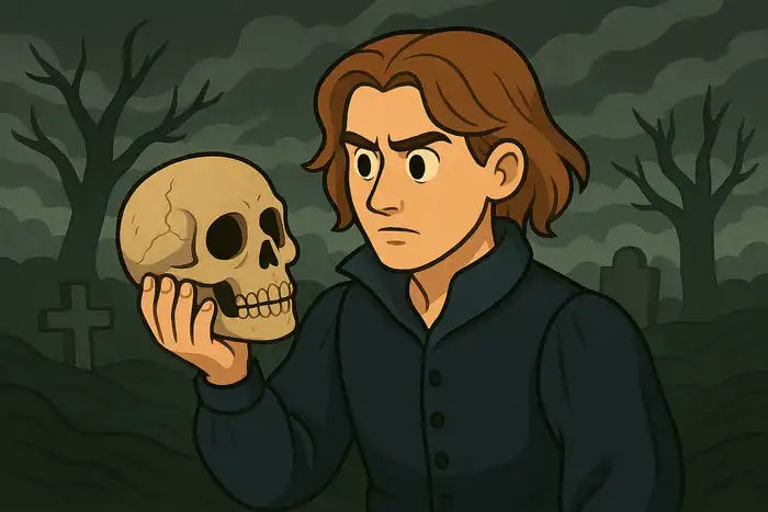 Hamlet na cmentarzu trzymający czaszkę.