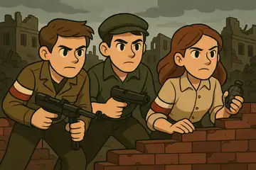 Ilustracja do Kamieni na szaniec: bohaterowie książki z bronią na tle ruin miasta podczas wojny.