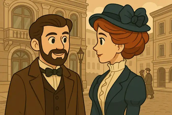 Ilustracja do Lalki Bolesława Prusa: Stanisław Wokulski i Izabela Łęcka na ulicach Warszawy.