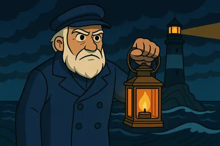 Ilustracja do Latarnika Henryka Sienkiewicza: Latarnik z latarnią na tle latarni morskiej nocą.