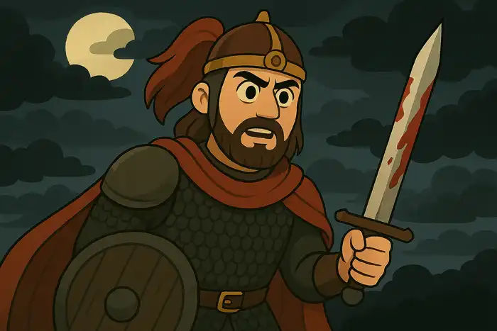 Ilustracja do Makbeta Szekspira: Mężczyzna w zbroi z zakrwawionym mieczem i tarczą nocą.