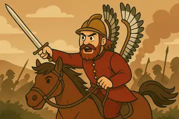 Ilustracja do Potopu Henryka Sienkiewicza: Polski husarz na koniu z mieczem w scenie bitewnej.