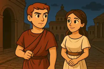 Ilustracja do Quo Vadis Henryka Sienkiewicza: Marcus Vinicius i Ligia na ulicy starożytnego Rzymu.