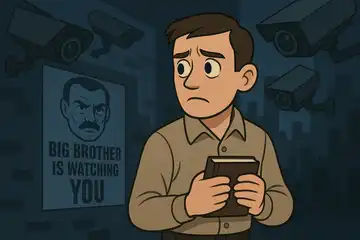 Ilustracja do Rok 1984 George'a Orwella: Winston Smith trzymający dziennik pod okiem kamer i plakatu Wielkiego Brata.
