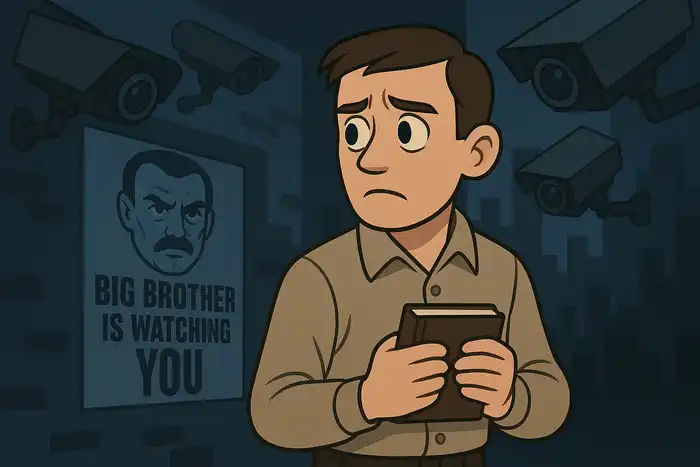 Ilustracja do Rok 1984 George'a Orwella: Winston Smith trzymający dziennik pod okiem kamer i plakatu Wielkiego Brata.