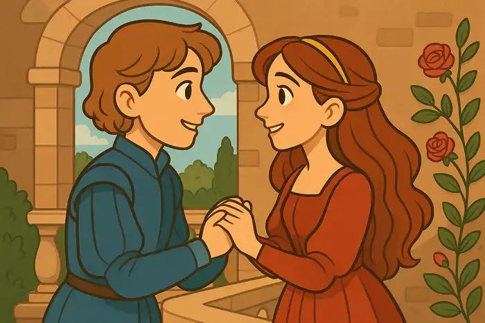 Romeo i Julia trzymający się za ręce na balkonie.