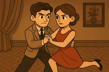 Ilustracja do dramatu Sławomira Mrożka: Mężczyzna i kobieta tańczą tango.