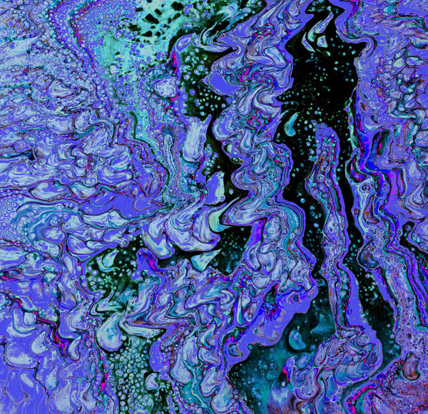 Acrylic pour of periwinkle and violet curling over black, scattered with dark green cells