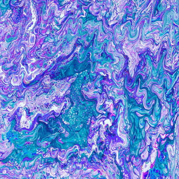 Acrylic pour of violet and teal marbling in fine parallel ripples with white breaking along the crests
