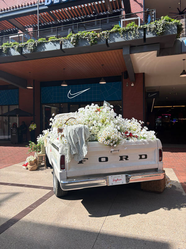 A white vintage Ford pickup truck parked on a street, its bed filled with a large white and pink floral arrangement, planted balcony above