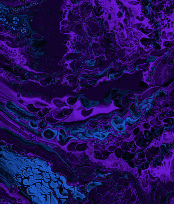 Acrylic pour of violet and electric blue over black, a bright cyan cell cluster in the lower left corner