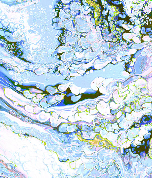 Acrylic pour of powder blue and white foaming across the frame, edged with yellow-green and fine dark linework