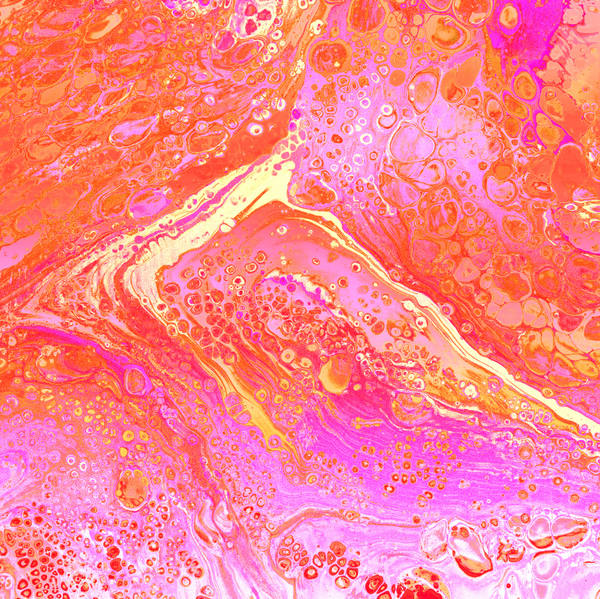 Acrylic pour of tangerine, hot pink and gold breaking into dense round cells across the frame