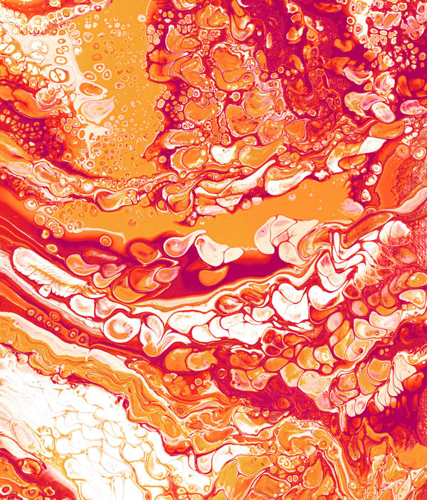 Acrylic pour of orange and scarlet over white, breaking into curling flame-shaped cells