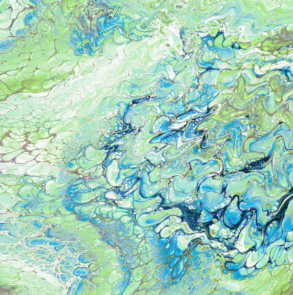 Acrylic pour of spring green and cyan marbling over cream, dark blue pooling in the folds