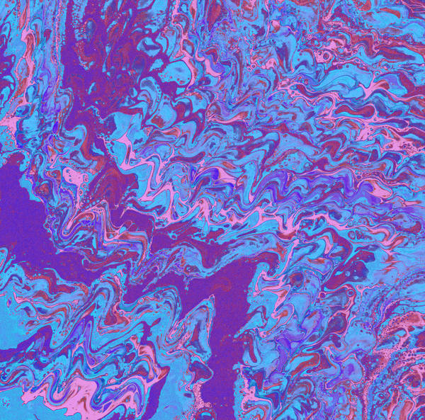 Acrylic pour of bubblegum pink and cherry red rippling over cornflower blue and violet