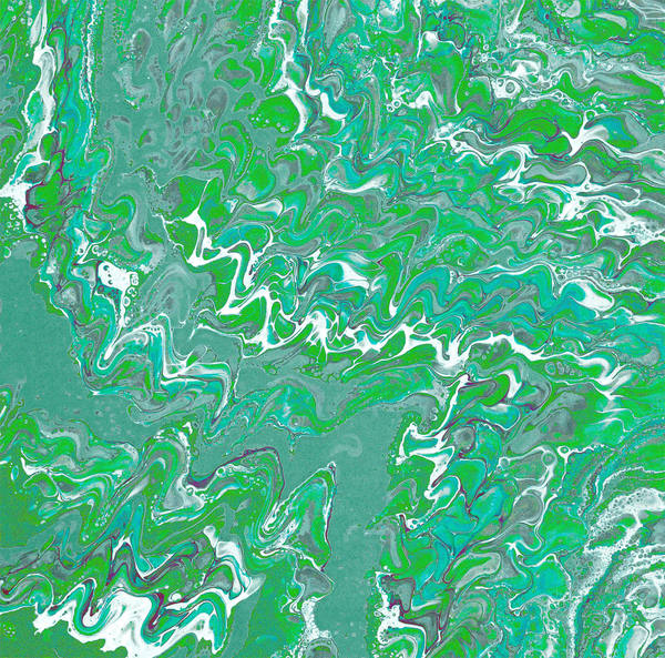 Acrylic pour of matcha and emerald green swirling over sage, white currents cutting through
