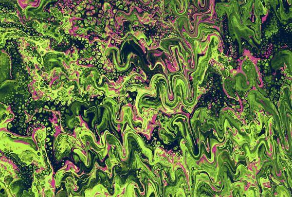 Acrylic pour of acid lime writhing in tight coils over black, speckled with magenta cells