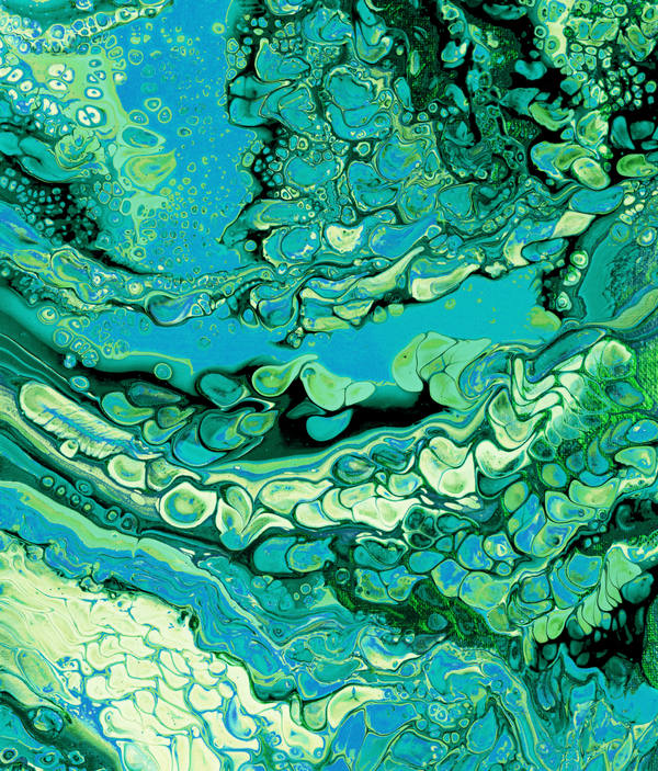 Acrylic pour of jade, emerald and turquoise stacked in shelf-like layers with cream breaking through at the base