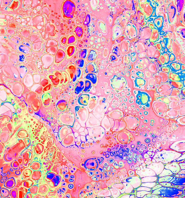 Acrylic pour packed edge to edge with bubble cells in candy pink, turquoise, lemon and cobalt over a blush ground