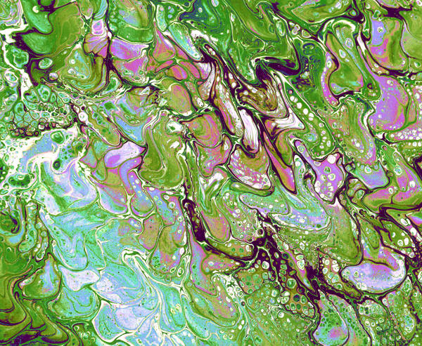 Acrylic pour of apple green and lilac curling over white, outlined in dark bottle green