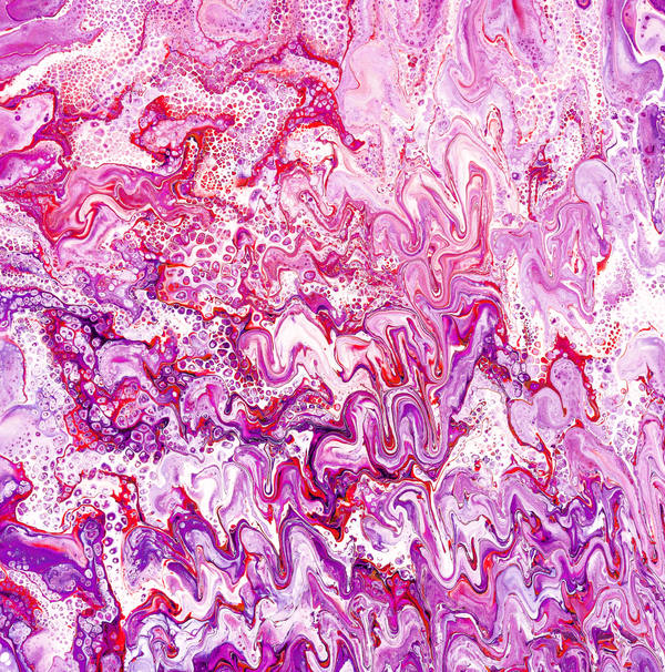 Acrylic pour of magenta and orchid pink rippling over white, dense with fine cells and flecked with crimson