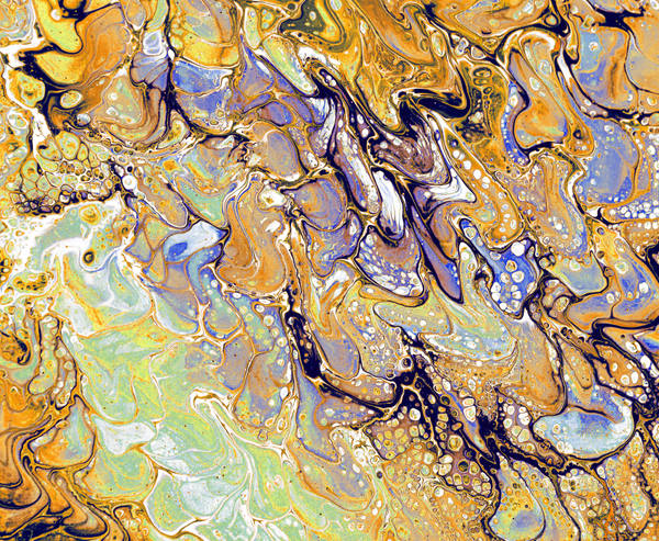 Acrylic pour of ochre and gold marbling over cream and pale mint, outlined in deep navy linework