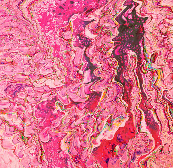 Acrylic pour of rose and magenta rippling over blush, a dark plum channel running up the centre