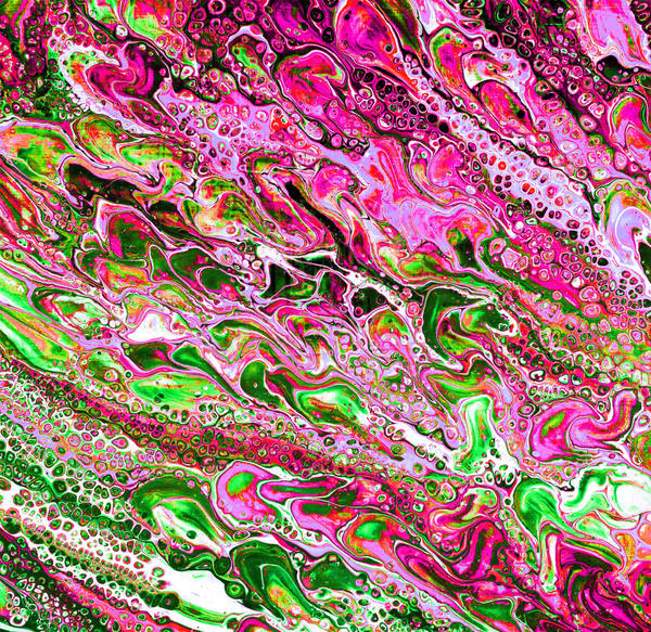 Acrylic pour of magenta and grass green braiding through each other in fine diagonal strands over white