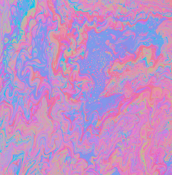 Acrylic pour of cotton-candy pink and periwinkle blue swirling together in soft blended ripples