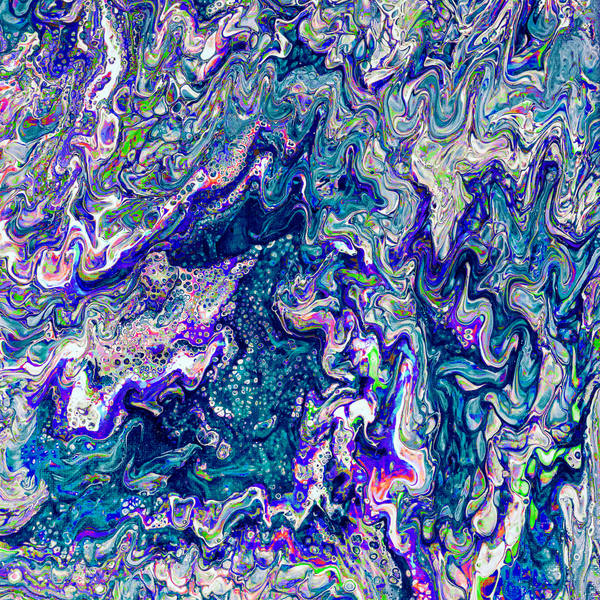 Acrylic pour of teal, violet and silver marbling in fine iridescent strands like the inside of a shell