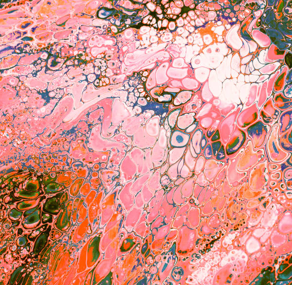 Acrylic pour of blush pink and coral meeting a dark teal seam, foam-like white cells crowding the upper edge
