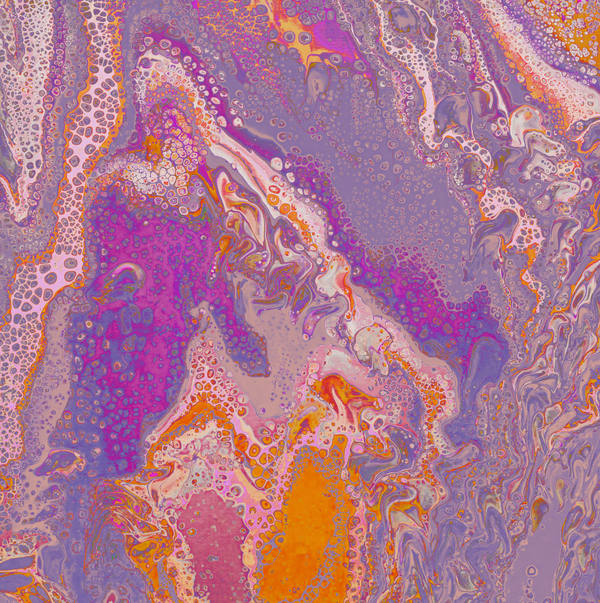 Acrylic pour of magenta, orange and mauve rising in a column of fine cells over a dusty violet ground