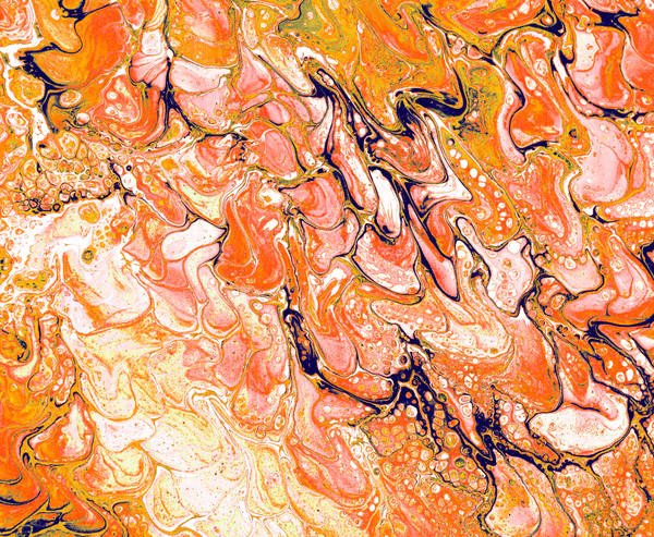 Acrylic pour of orange and coral curling over cream, edged with dark navy linework