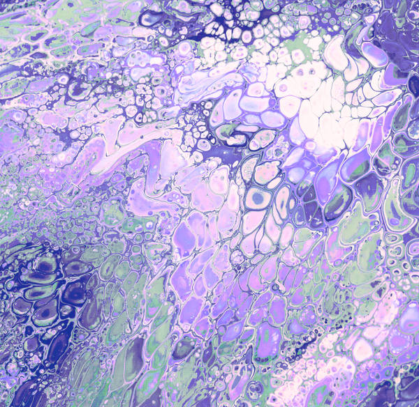 Acrylic pour of lavender and periwinkle over white and sage, dense with small pale cells