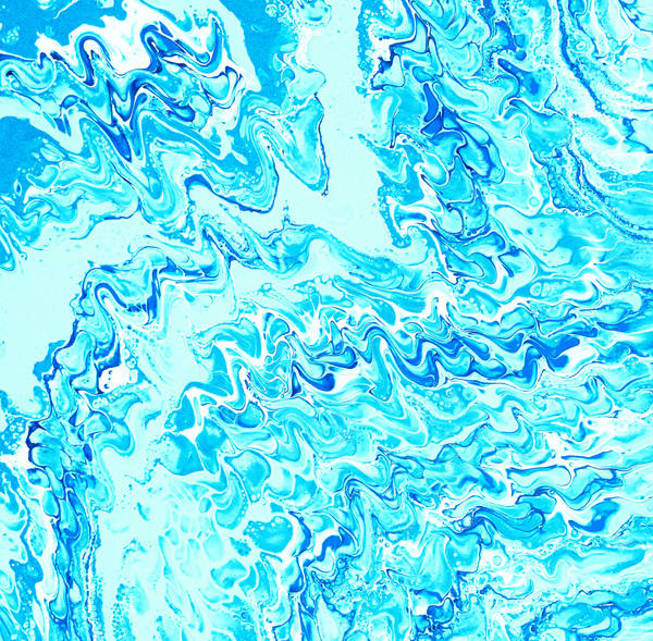 Acrylic pour of white and cobalt currents rippling across bright cyan, like sunlight moving through a swimming pool