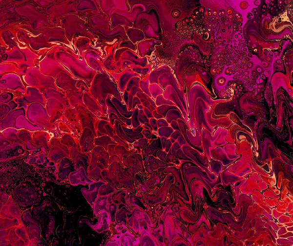 Acrylic pour of crimson and magenta bursting over near-black, fine gold linework tracing each fold