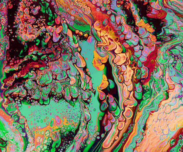 Acrylic pour of jade, coral, orange and violet knotted together in chains of cells